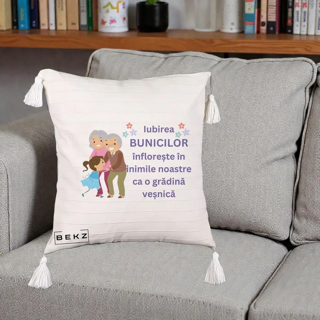 Cadou pentru Bunici - Perna Personalizata Bunicii Iubirea Infloreste Bunici cu Nepoata Colorat, 40x40 cm, Bej cu Franjuri, Husa Detasabila, Perna Inclusa, BEKZ®