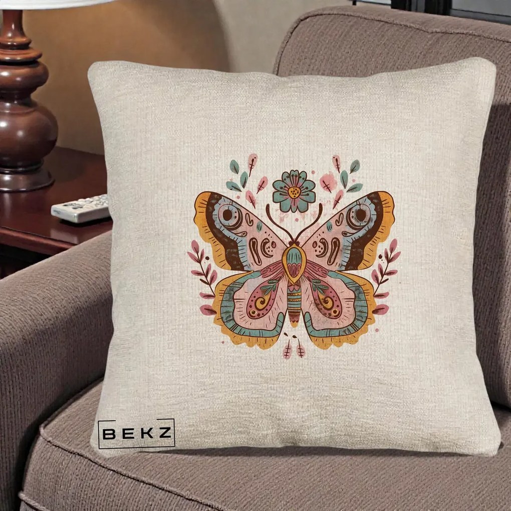 Perna Decorativa Fluture Boho Floral, 40x40 cm, Bej Canapea, Husa Detasabila, Perna Inclusa, BEKZ®
