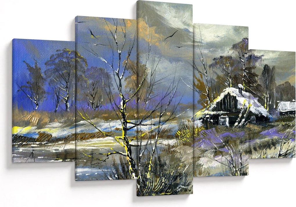 Tablou -Cabane într-un peisaj de iarnă, pictură în ulei (150x105 cm)