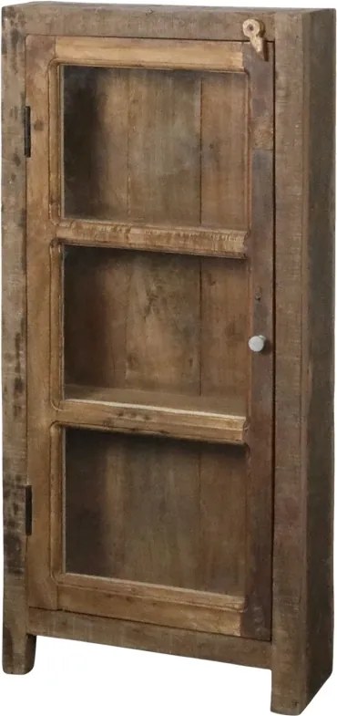 Vitrină rustică din lemn reciclat, natur, cu 1 ușă vitrată, 3 rafturi și zăvor din lemn, 105 x 47 x 18 cm, „Grimaud”