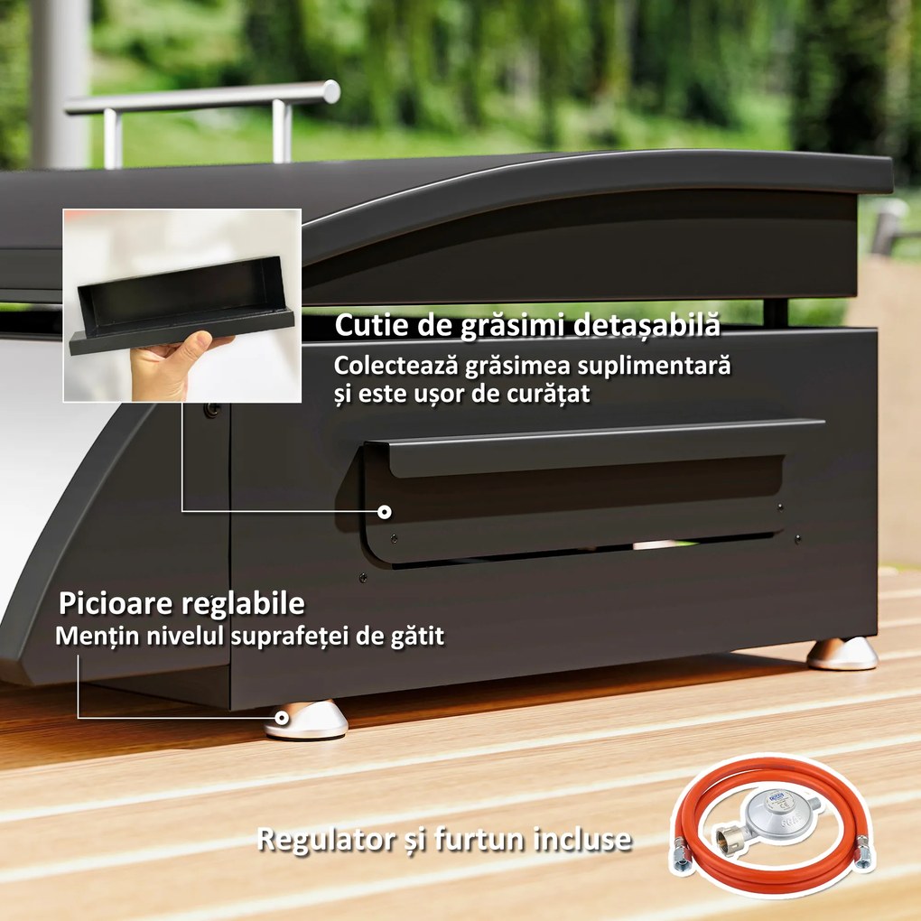 Outsunny Grătar pe Gaz din Oțel cu 3 Arzătoare, Regulator, Furtun și Capac, 63x47x25 cm, Negru | Aosom Romania