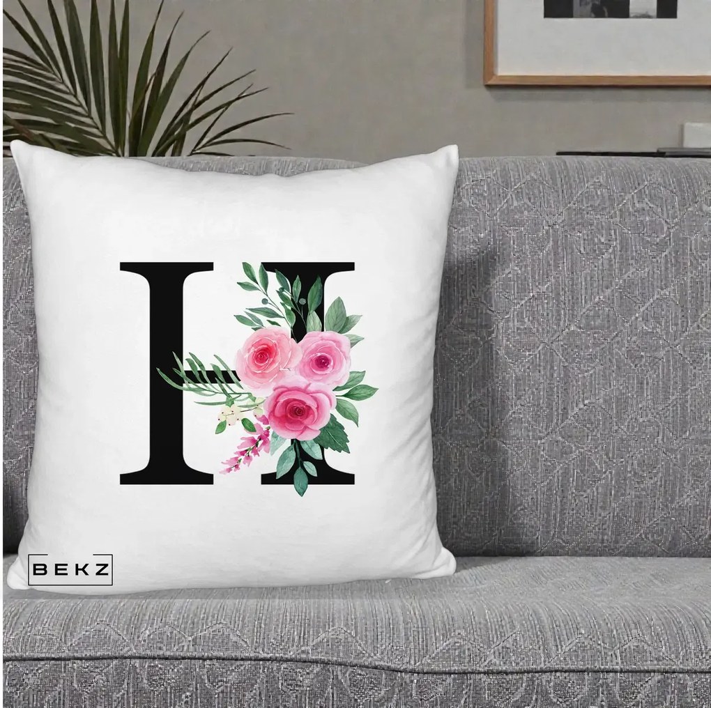 Cadou Personalizat - Perna Personalizata Monograma Florala Litera H cu Trandafiri Roz, 40x40 cm, Alb Pufos, Husa Detasabila, Perna Inclusa, BEKZ®