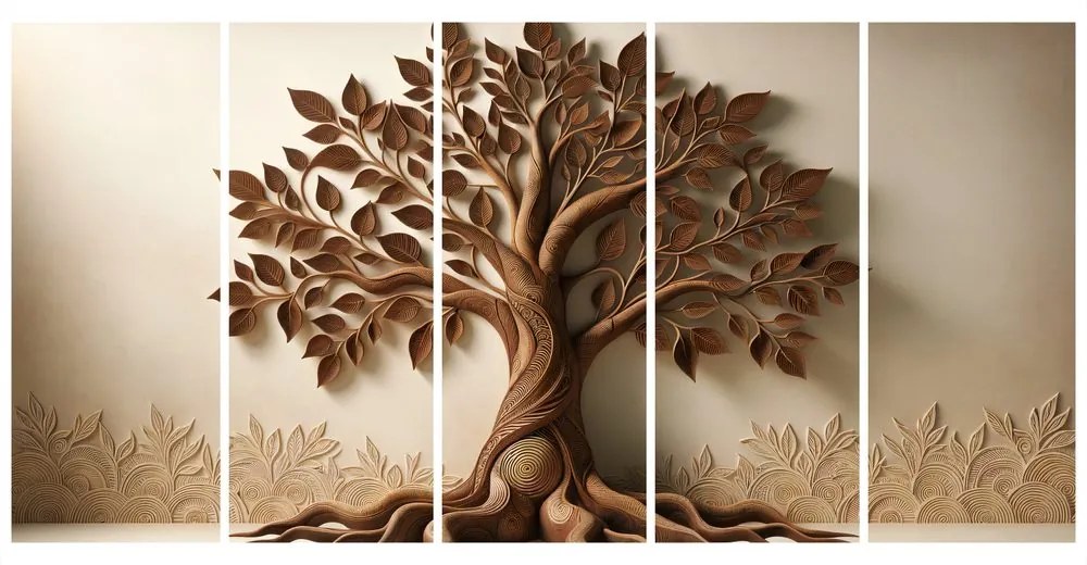 Tablou 5-piese arborele vieții maro cu efect 3D