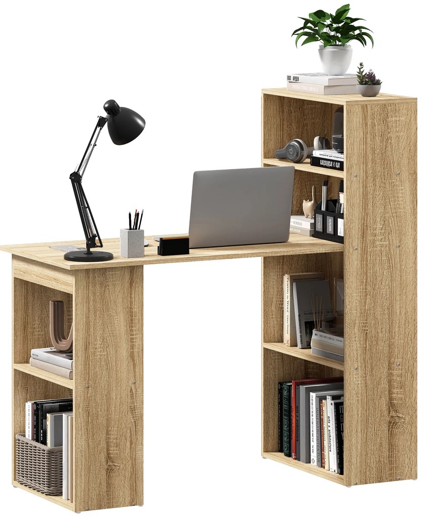 HOMCOM Birou Informatice cu raft de depozitare Birou de colț bibliotecă adiacentă Depozitare multiplă Chêne | Aosom Romania
