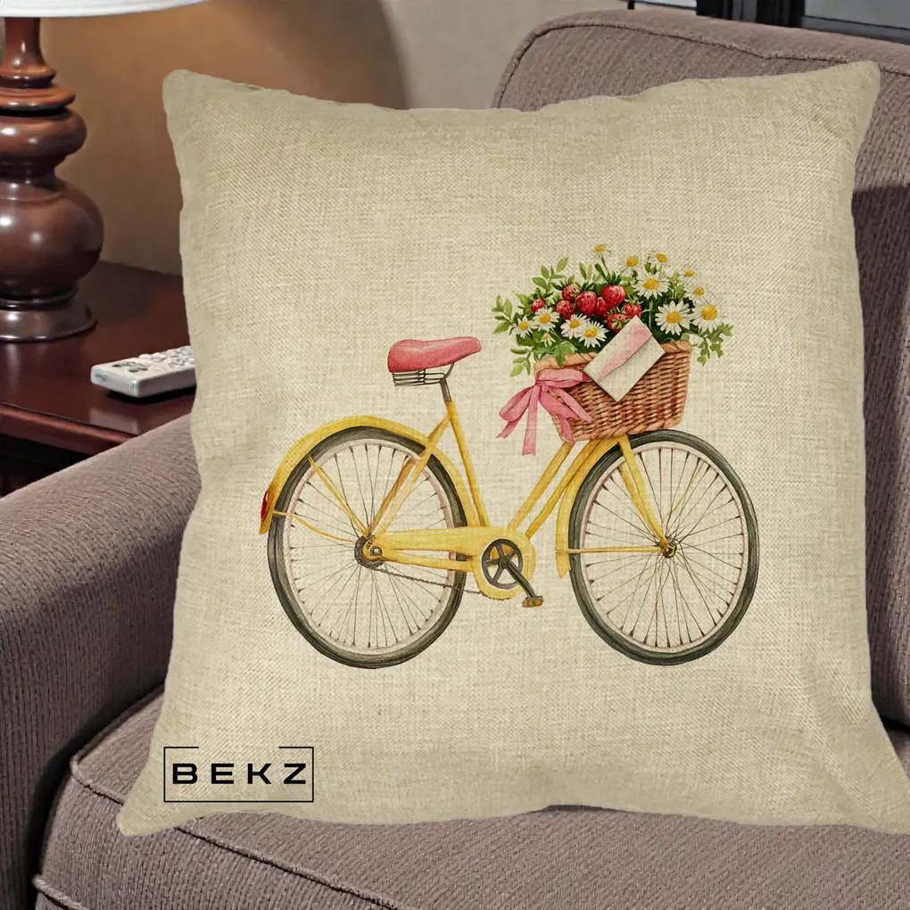 Perna Decorativa Bicicleta Galbena cu Cos de Flori Primavara, 40x40 cm, Crem, Husa Detasabila, Perna Inclusa, BEKZ®