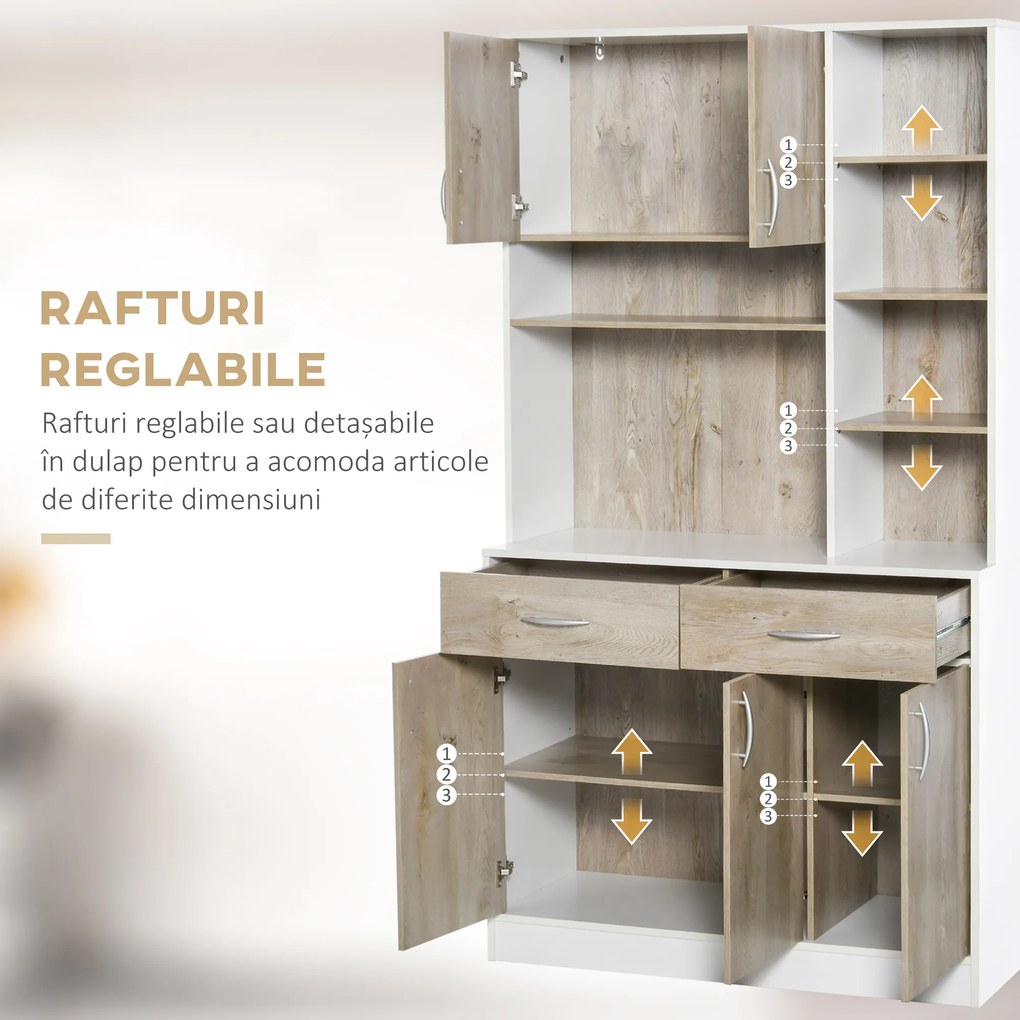 HOMCOM Bufet de Bucătărie Spațios, Dulap cu Sertare și Uși, Design Modern, 100x39x180 cm, Alb și Lemn Natural | Aosom Romania
