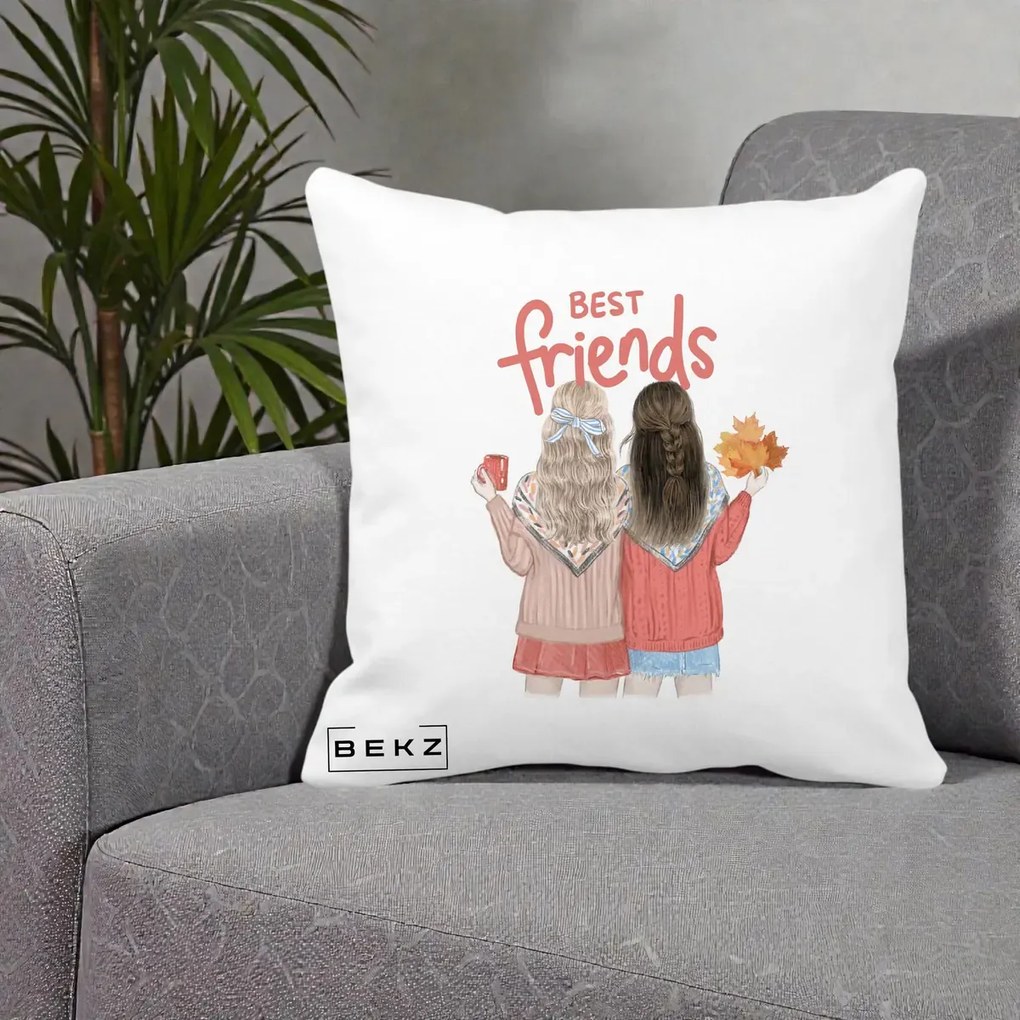 Cadou pentru Prieteni - Perna Personalizata Best Friends Toamna, 40x40 cm, Alba Mata, Husa Detasabila, Perna Inclusa, BEKZ®