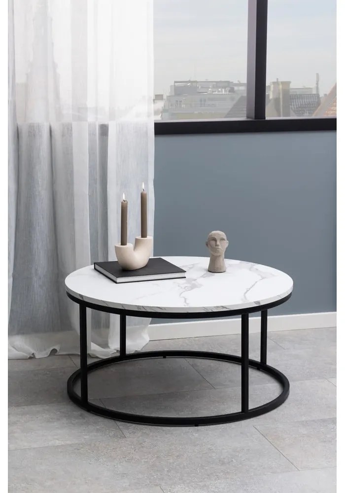 Măsuță de cafea albă rotundă cu blat cu aspect de marmură ø 80 cm Spiro – Actona