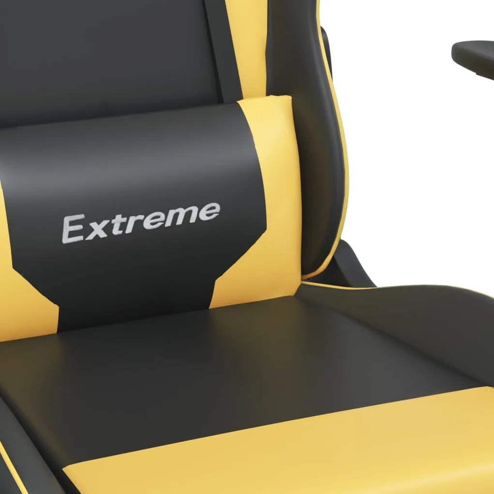 Scaun de gaming cu masaj suport picioare negru auriu piele eco