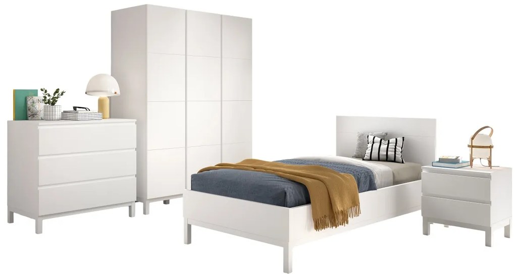 Set Mobilier Cameră Copii EVA: Pat 90x200 cm, Noptieră, Dulap 3 Uși și Comodă, Alb – Vipack