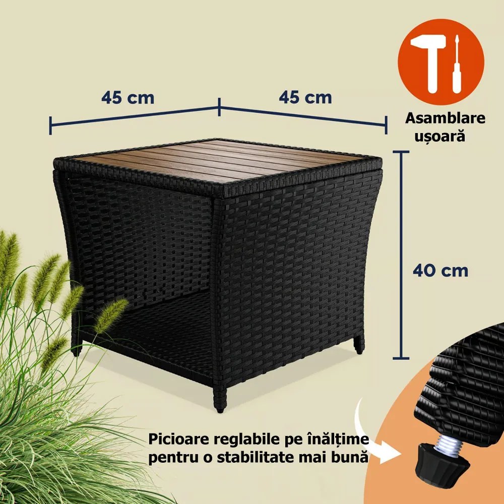 Măsuță auxiliară din poliratan ROCCO cu lemn de acacia, 40x45x45cm, maro/negru Casaria