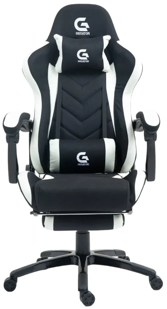 Scaun gaming cu masaj în perna lombară, sezut benzi elastice sustinere, suport picioare, material textil, Negru/Alb