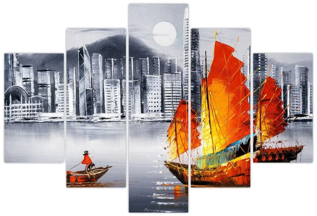 Tablou - Victoria Harbour, Hong Kong, pictură în ulei alb- negru (150x105 cm)