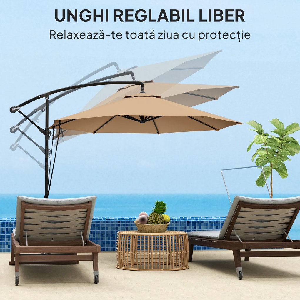 Outsunny Umbrelă de Soare cu Corzi Anti-Vânt, Orificii de Aerisire, Bază în Cruce și Manivelă, Φ290x243 cm, Gri | Aosom Romania