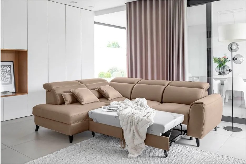 Colțar maro deschis extensibil/cu spațiu de depozitare cu tapițerie din catifea (cu colț pe partea stângă/în formă de ”L”) Noble – ELTAP