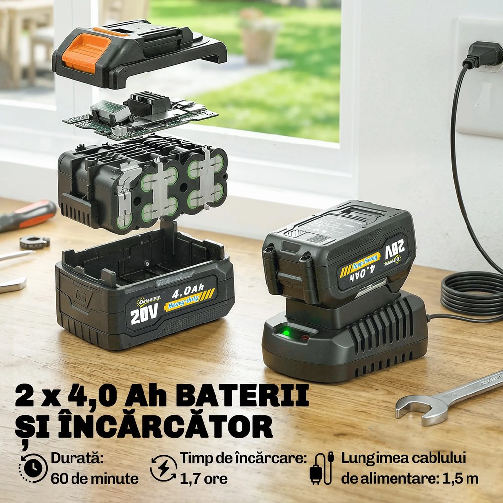 Outsunny Trimmer cu Acumulator 2-în-1, Tăietor de Iarbă 18V cu 2 Baterii de 4Ah, Încărcător, Tija Telescopică, Cap Înclinat, Mâner Reglabil, Tăiere 25cm, 8000 RPM, Ușor pentru Gazon și Grădină | Aosom Romania