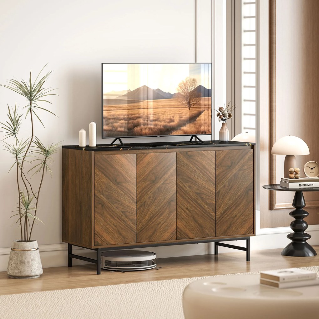 HOMCOM Mobilier TV, mobilier pentru televizor cu 4 uși, blat cu efect marmorat, rafturi reglabile, 120x39x76cm, nuc | Aosom Romania