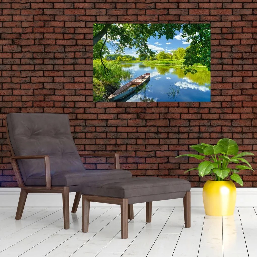 Tablou cu râu de vară și barcă (90x60 cm)