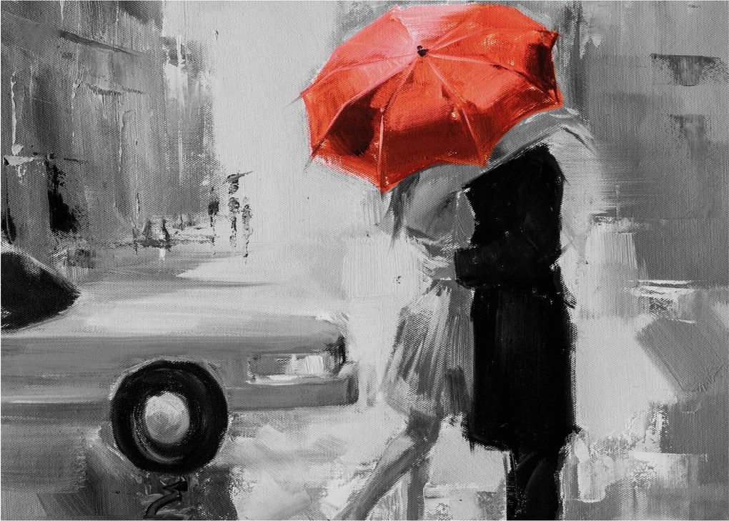 Tablou pe sticlă - Cuplu în dragoste sub o umbrelă, roșu (70x50 cm)
