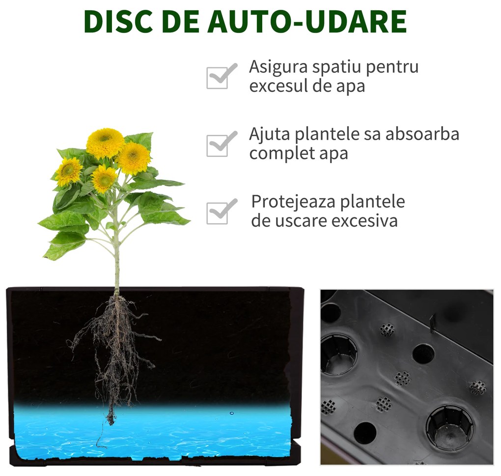 Jardiniera de Balcon Outsunny cu Carlig pentru Balustrada Reglabila, Indicator Nivel Apa si Disc cu Auto-Irigare, 99x18x19cm