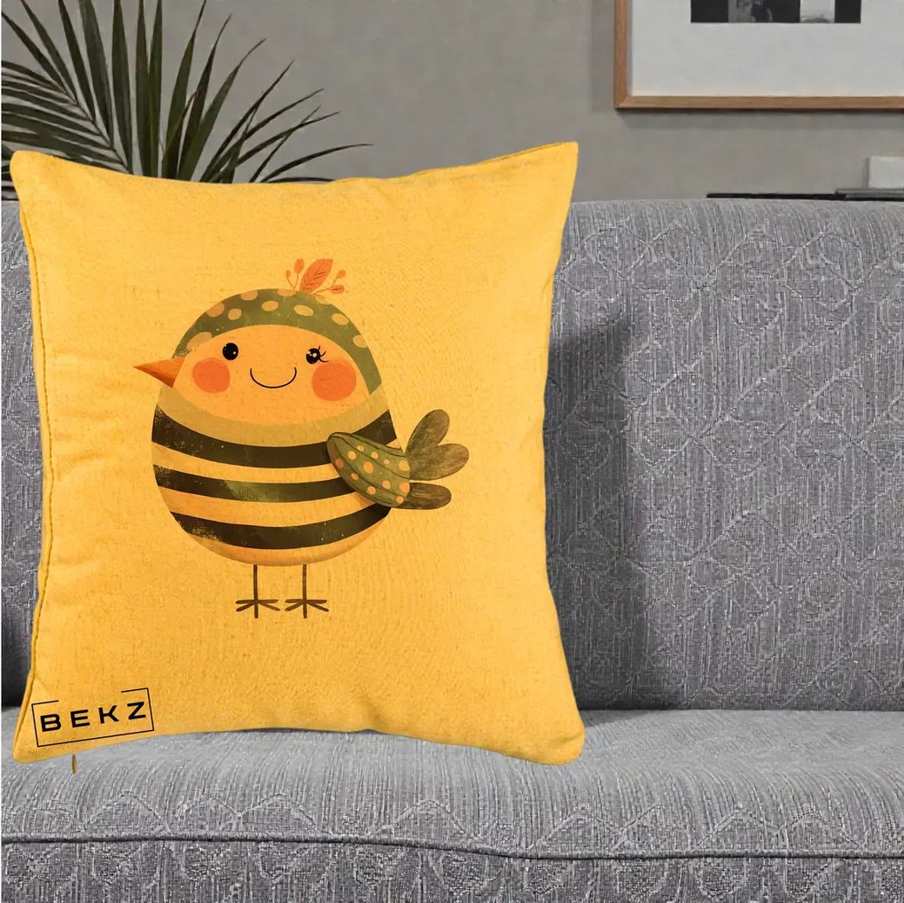 Perna Decorativa Pui Kawaii Teal cu Flori, 40x40 cm, Galben, Husa Detasabila, Perna Inclusa, BEKZ®