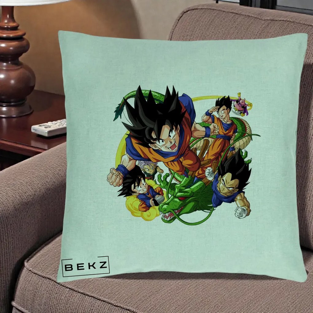 Perna Personalizata Dragon Ball Goku si Shenron Actiune, 40x40 cm, Verde Menta, Husa Detasabila, Perna Inclusa, BEKZ®
