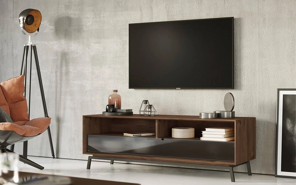 Comodă TV stejar masiv Madison și Sticlă, 160 × 50 × 54 cm