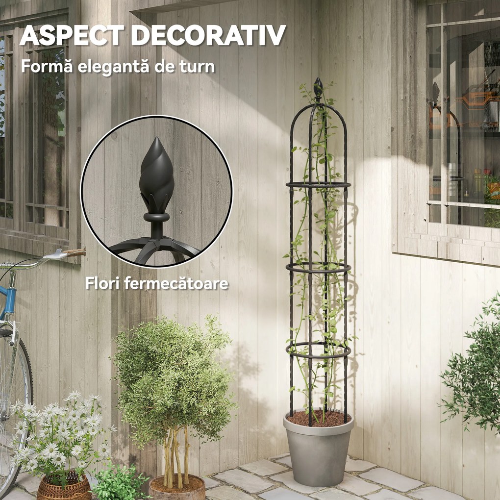 Outsunny Set de 2 Suporturi pentru Plante Cățărătoare înalte de 1,74 m, Suporturi din Oțel cu Decorațiuni, pentru Trandafiri, Roșii, Flori, Mazăre și Legume, Negru | Aosom Romania