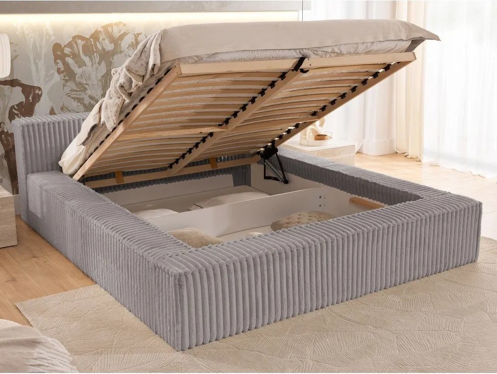 Pat matrimonial gri tapițat cu spațiu de depozitare cu somieră 160x200 cm Cloe – Ropez