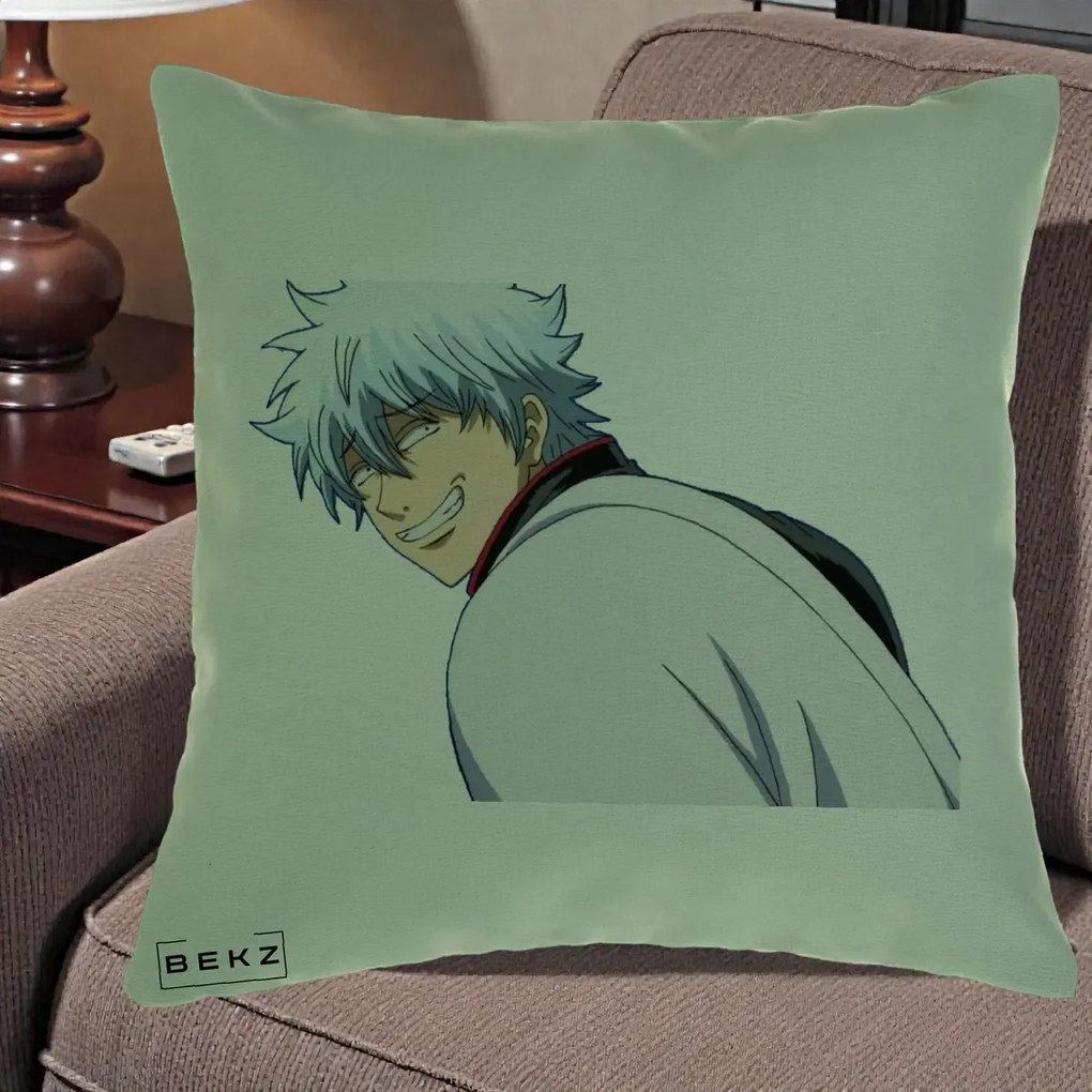 Perna Personalizata Gintama Gintoki Portret cu Zambet, 40x40 cm, Verde, Husa Detasabila, Perna Inclusa, BEKZ®