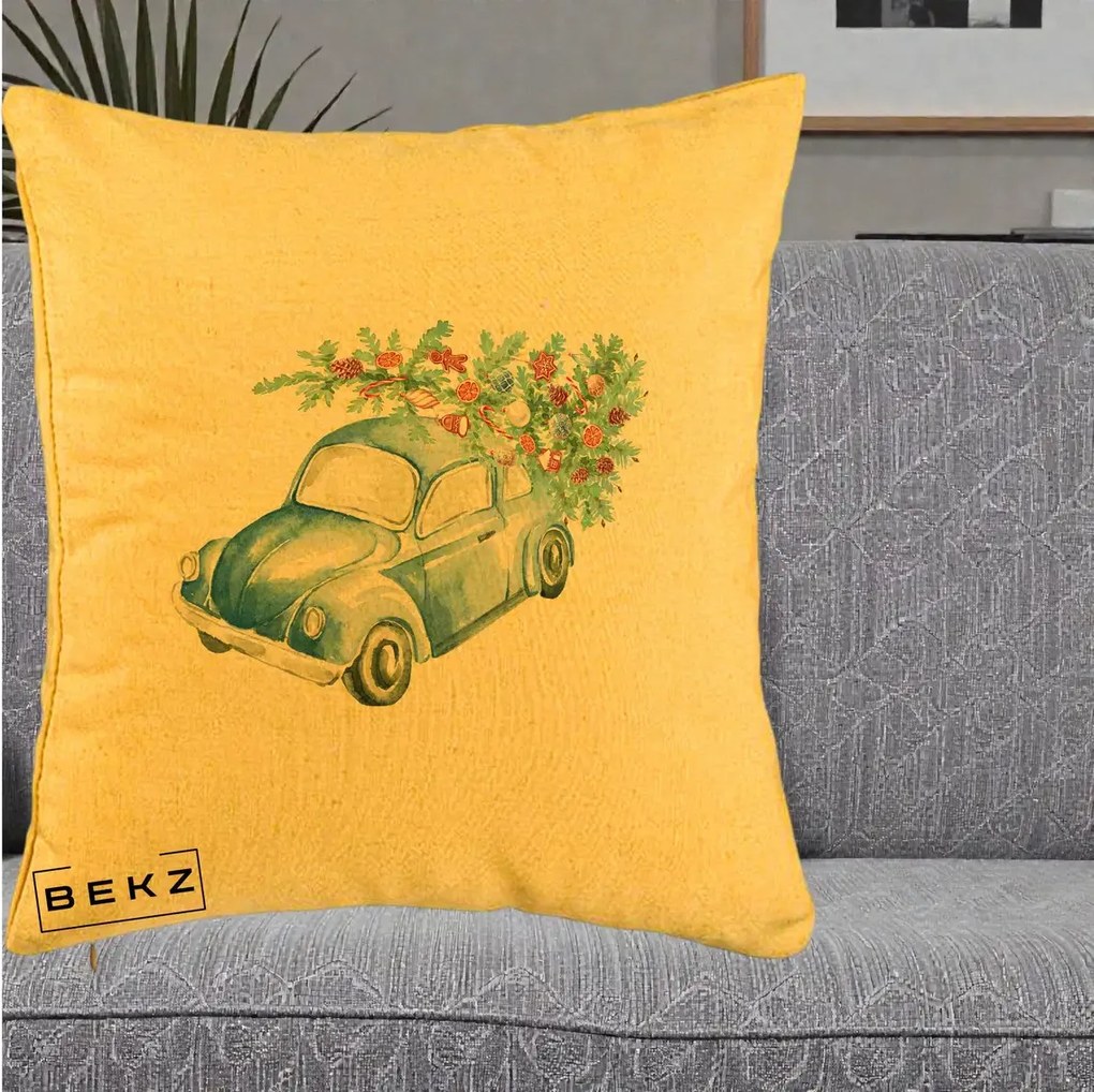 Perna Decorativa Masinuta Albastra cu Brad de Craciun, 40x40 cm, Galben, Husa Detasabila, Perna Inclusa, BEKZ®