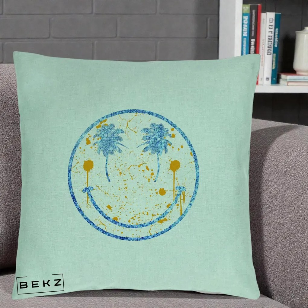 Perna Decorativa Smiley Face Tropical Albastru Glitter si Portocaliu, 40x40 cm, Verde Menta, Husa Detasabila, Perna Inclusa, BEKZ®