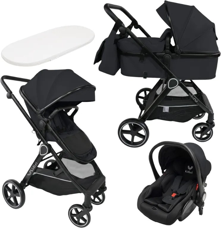 Carucior copii 3 in 1 Kidizi Moveo negru, landou transformabil in parte sport, scoica auto R129, cadru black, pana la 22 kg (0–4 ani), saltea si geanta incluse