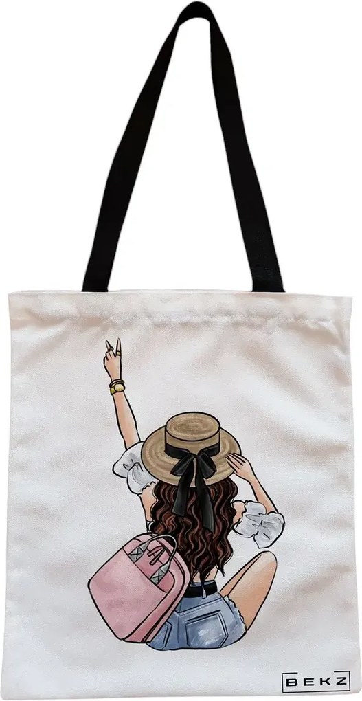 Sacosa de Panza pentru Cumparaturi, Geanta Tote, Travel Girl 9, Cu fermoar, 38x34.5 cm, Alba, BEKZ®