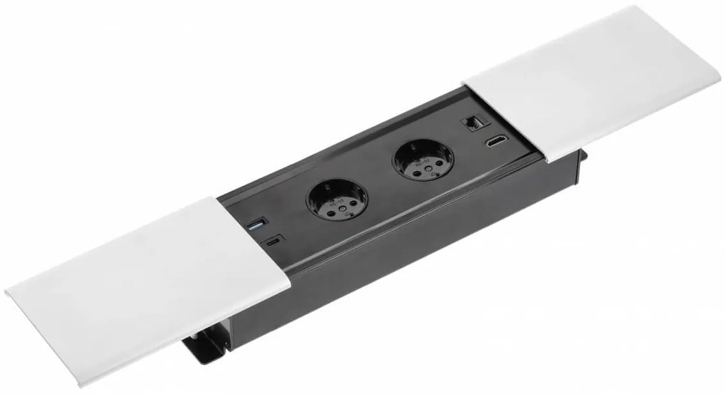 Priza incorporabila dreptunghiulara, 2 prize schuko, USB A+C, priza RJ45 cat 6, HDMI, cablu 1.5 m, capac magnetic, alba, GTV