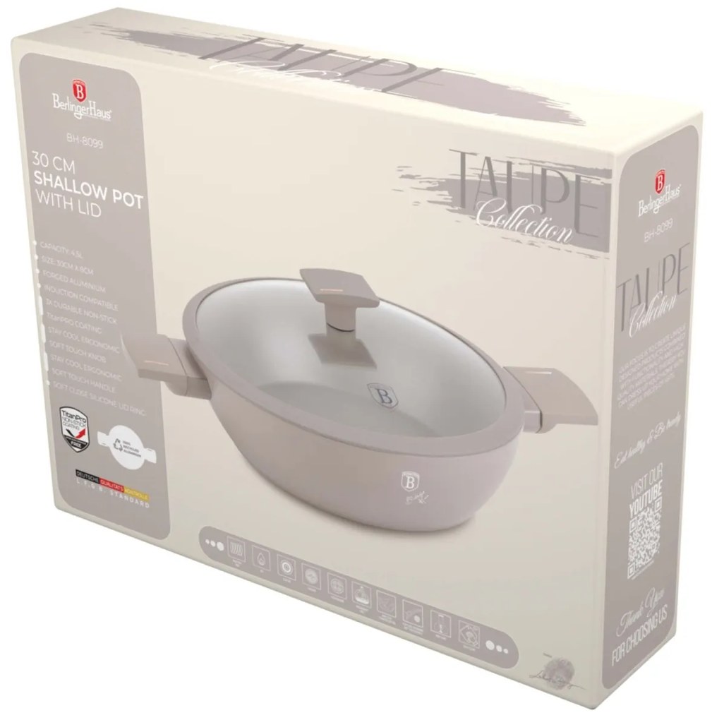 Cratiță cu capac 30 cm, 4.5L – Berlinger Haus Taupe Collection BH 8099, strat antiaderent titan, gri, pentru gătit zilnic