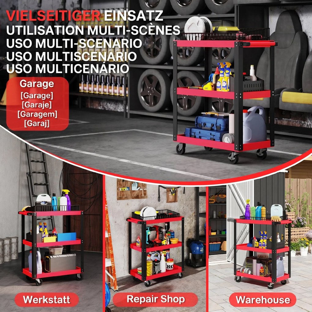 HOMCOM Cărucior Porta Unelte cu 3 Rafturi din Metal și PP, 70.5x35x82.5 cm, Roșu și Negru | Aosom Romania