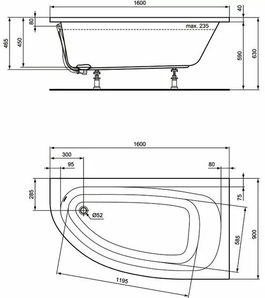 Cada asimetrica Ideal Standard Hotline dreapta 160x90 cm