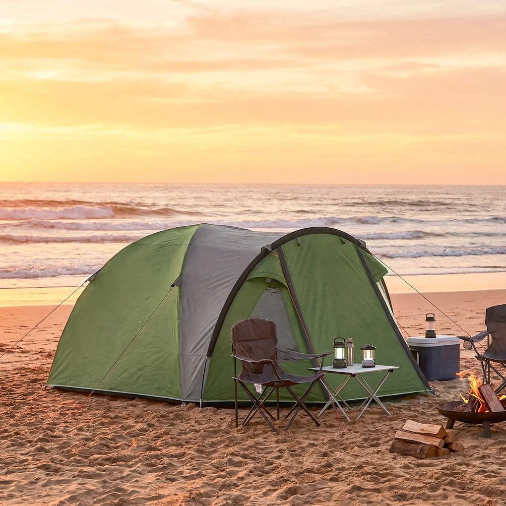 Outsunny Cort de Camping pentru 4 Persoane, 2 Camere, Ferestre și Uși, Preș de Sol, Cârlig în Tavan, 323x248x150cm, Verde | Aosom Romania