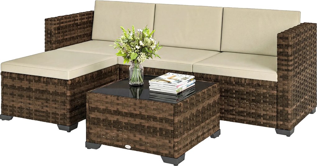 Outsunny Set de grădină exterior din ratan 5 piese cu perne 2 fotolii de colț fotoliu fără brațe taburet și masă | Aosom Romania