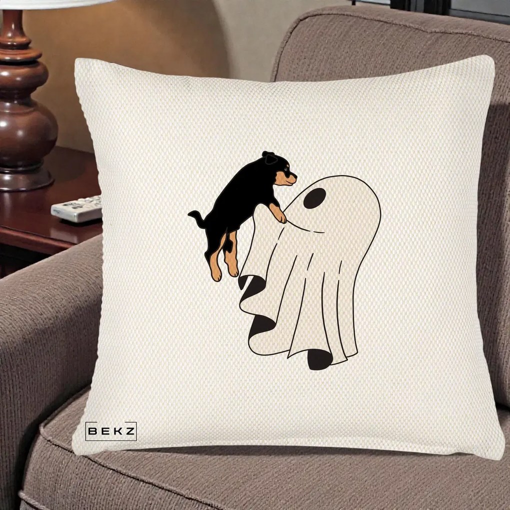 Perna Decorativa Caine Rottweiler Fantoma Halloween, 40x40 cm, Crem Reliefat, Husa Detasabila, Perna Inclusa, BEKZ®