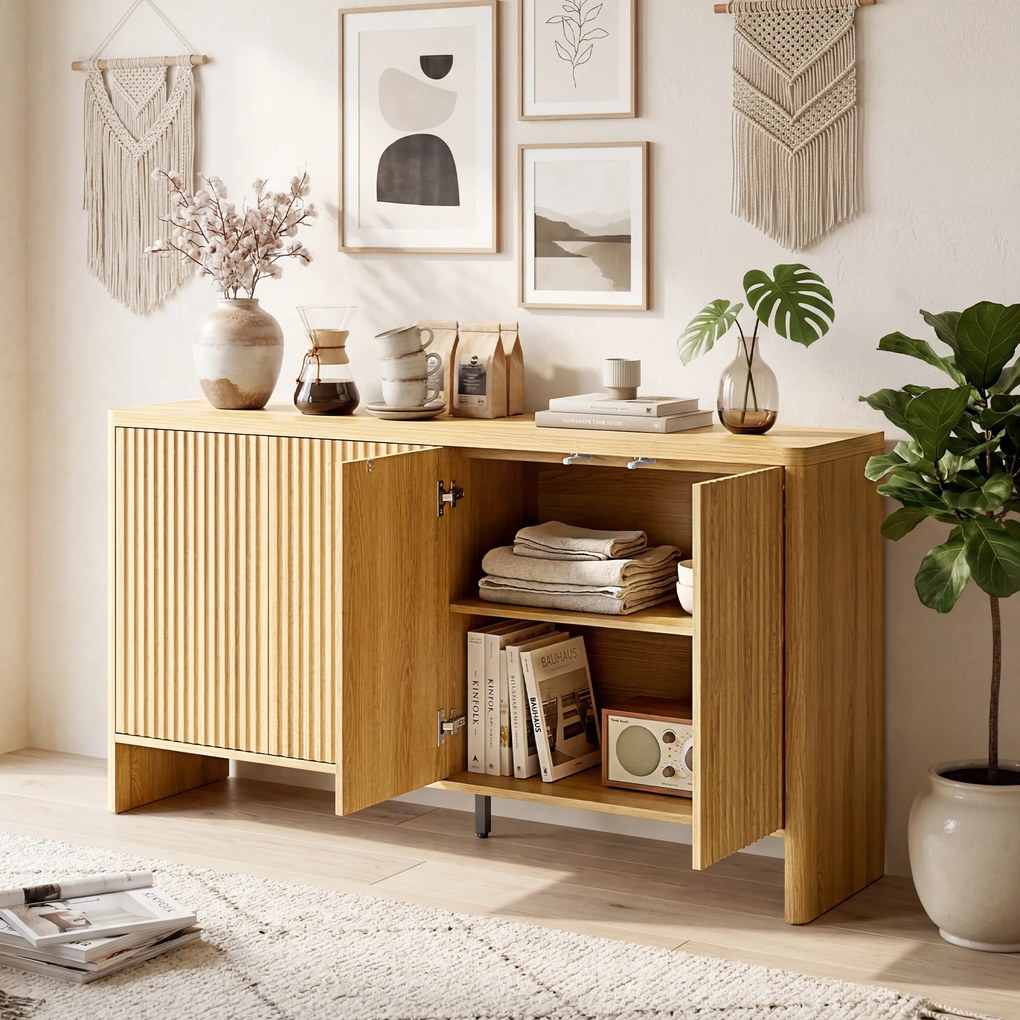 HOMCOM Bufet living, mobilier de depozitare cu 4 uși canelate, raft reglabil, deschidere prin apăsare, 147x40x77cm, stejar | Aosom Romania