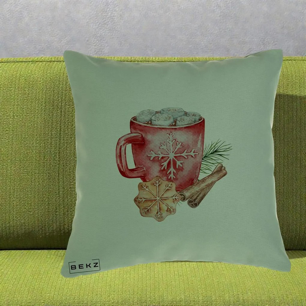 Perna Decorativa Cacao de Iarna cu Biscuit, 40x40 cm, Verde, Husa Detasabila, Perna Inclusa, BEKZ®