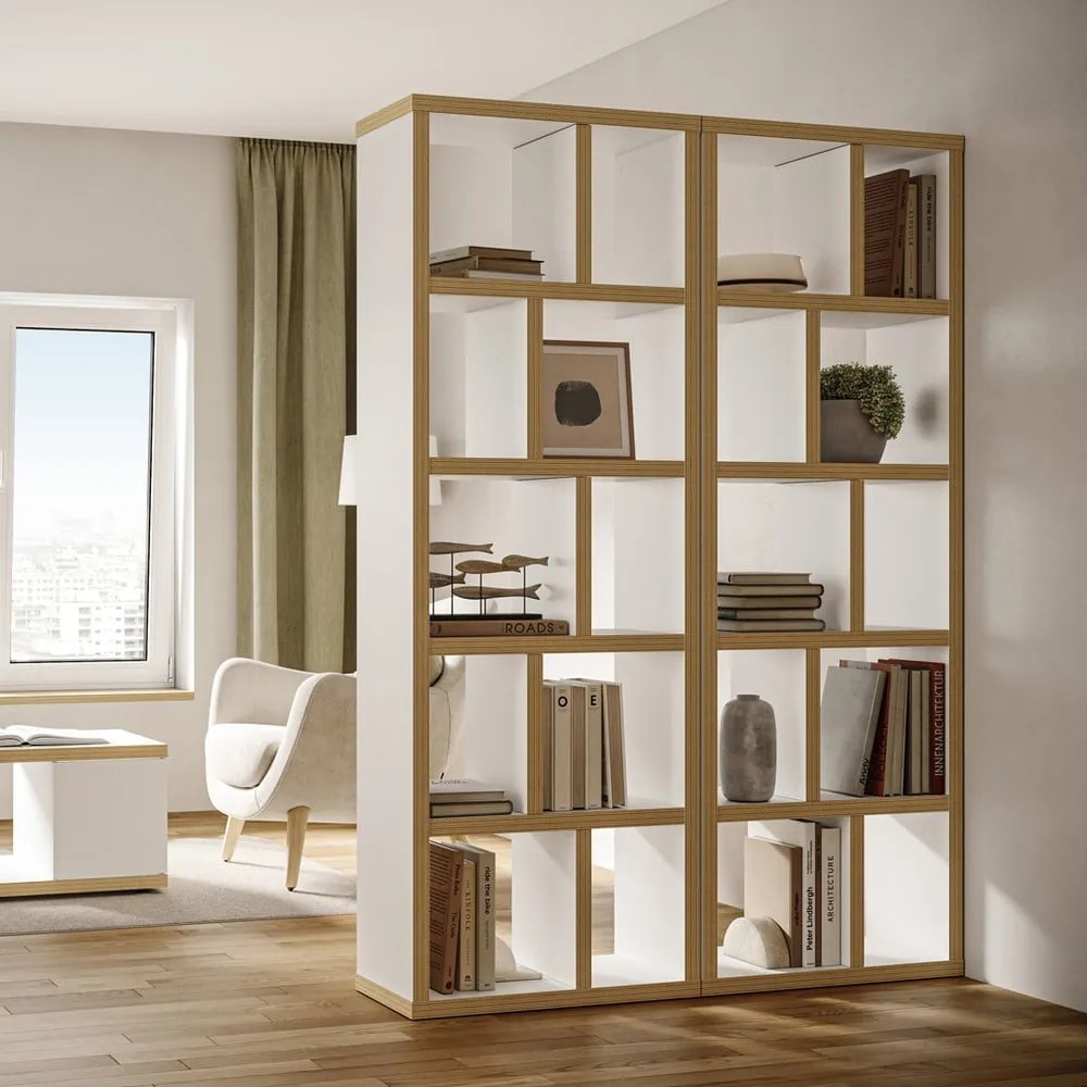 Bibliotecă TemaHome Berlin 570, decor lemn, detalii albe