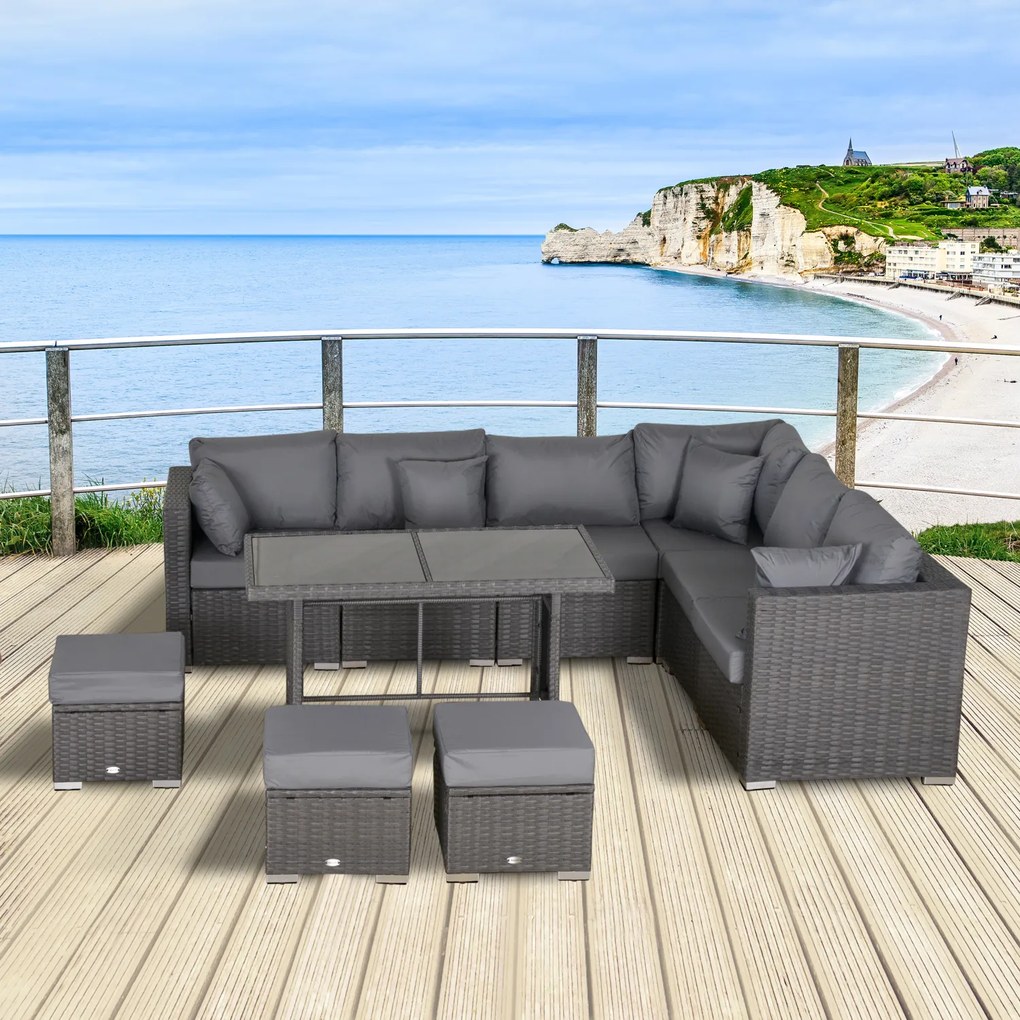 Outsunny Set de Mobilier de Gradina cu 10 Piese in Ratan, cu Perne pentru Scaun si Spatar, Cadru Metalic Anticoroziv, Gri Inchis | Aosom Romania