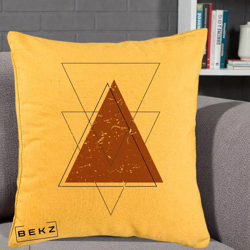 Perna Decorativa Geometric Triunghiuri Sacred, 40x40 cm, Galben, Husa Detasabila, Perna Inclusa, BEKZ®
