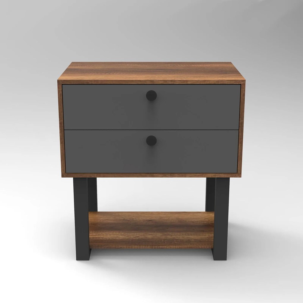 Comoda Birou - Rollbox cu 2 sertare si Raft, Gri -  Nuc, 80 x 85 x 52 cm