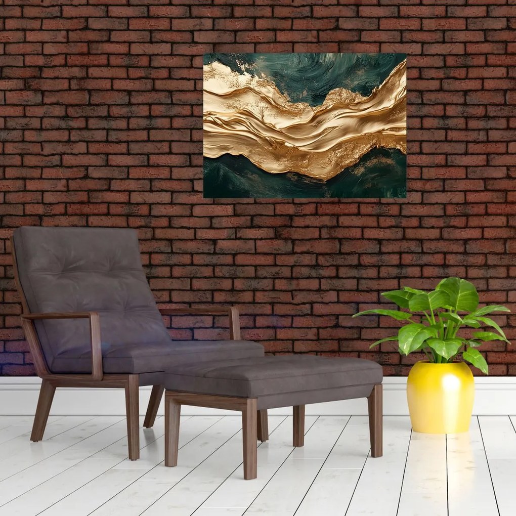 Tablou pe sticlă - Abstracție verde cu auriu II. (70x50 cm)