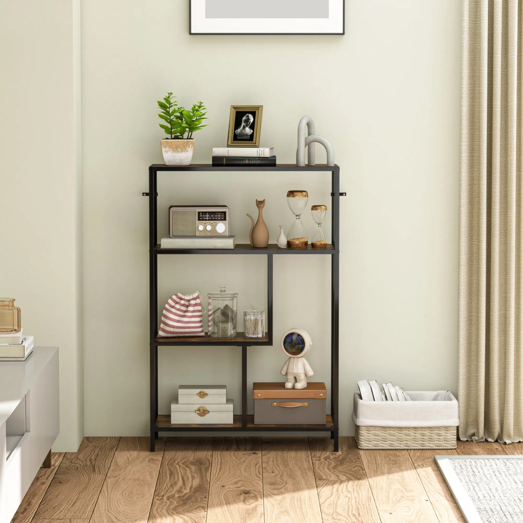 HOMCOM Bibliotecă cu 4 Rafturi, Stil Industrial, Lemn și Metal, 77x30x116cm, Maro | Aosom Romania