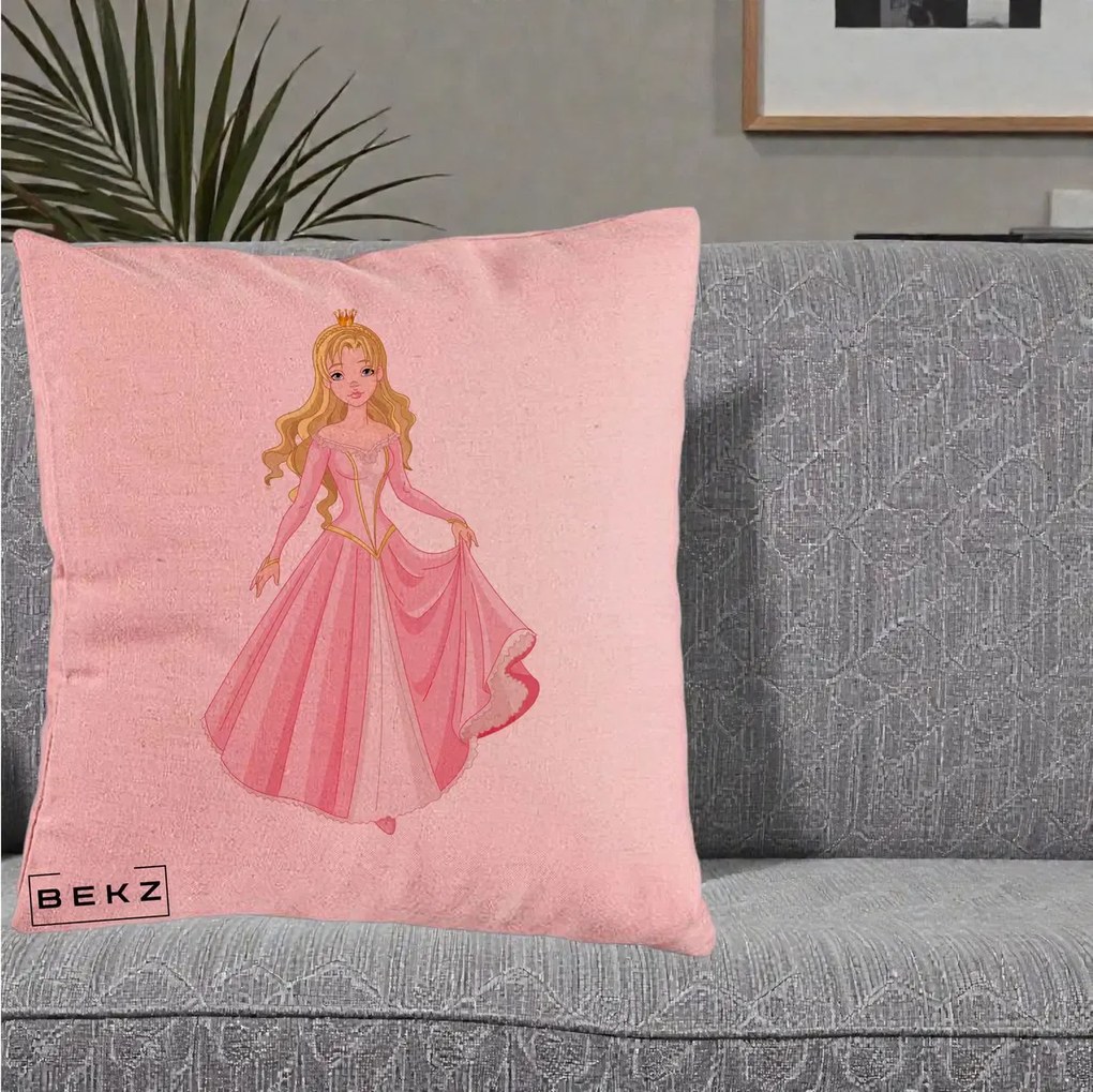 Perna Decorativa Printesa Aurora Rochie Roz, 40x40 cm, Roz, Husa Detasabila, Perna Inclusa, BEKZ®